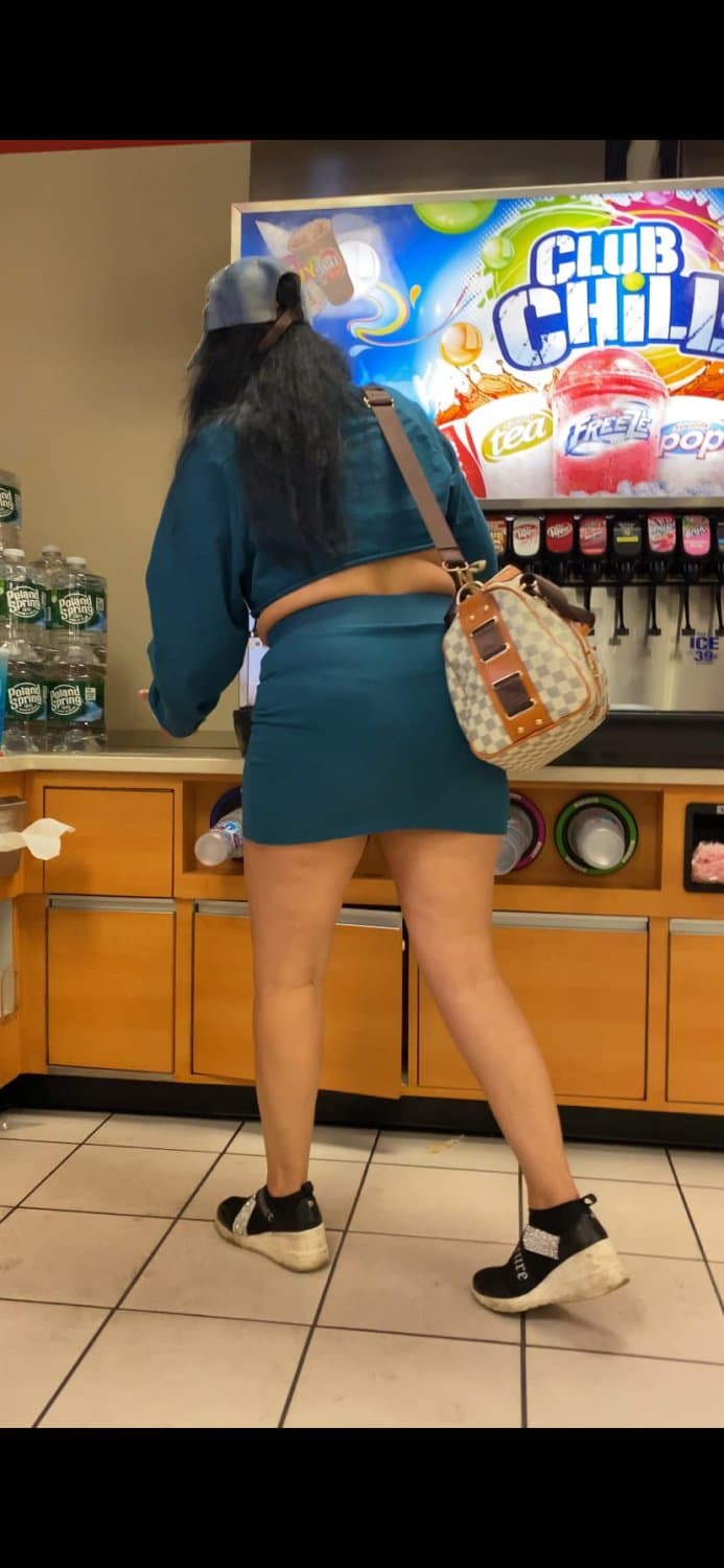 Blue Skirt Bend Over Store Candid