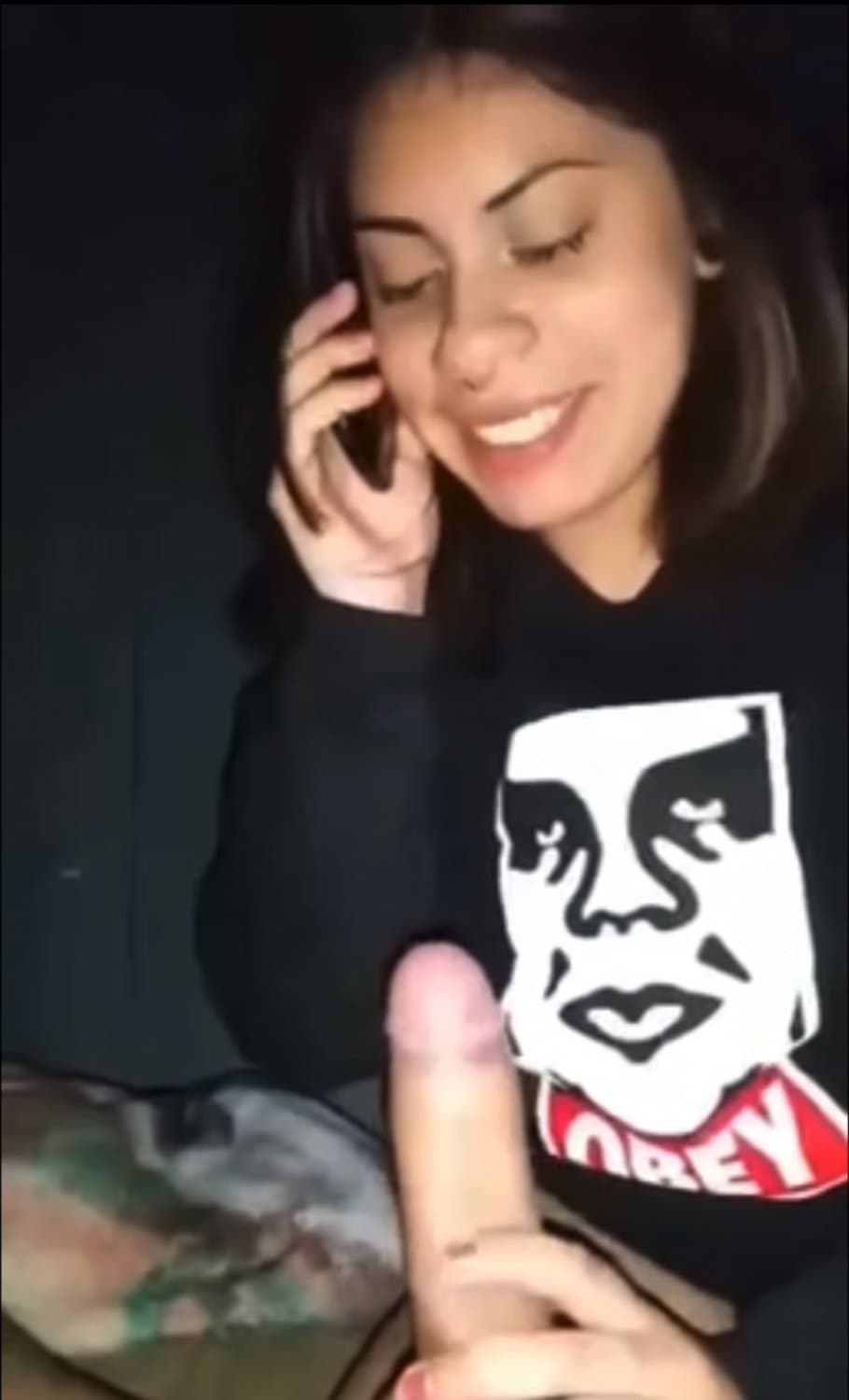 Cute latina teen sucks dick while on the phone with Bestie