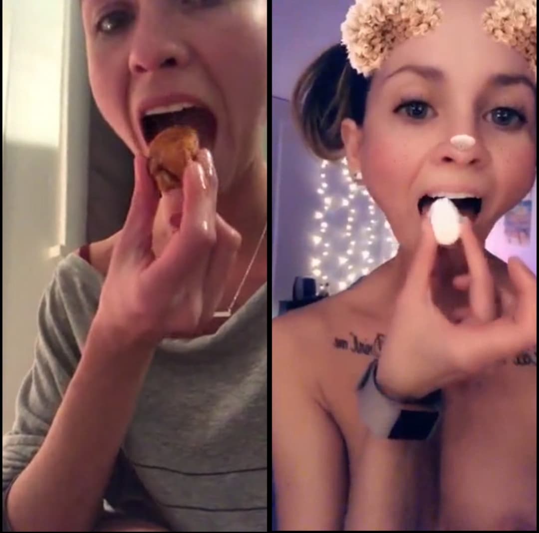 Nasty bitch eats a hot wing and marshmallow from her asshole!