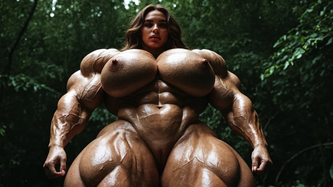 Outrageous bodybuilding nudism, naked hypertrophic muscles in the nature