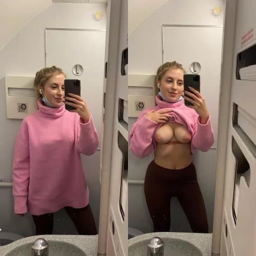 Mile high sluts flashing in airplane bathroom