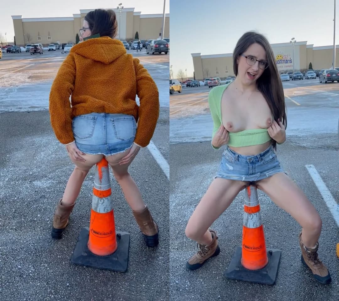 Traffic Cone In Her Ass | public outdoors risky object insertion masturbating anal riding