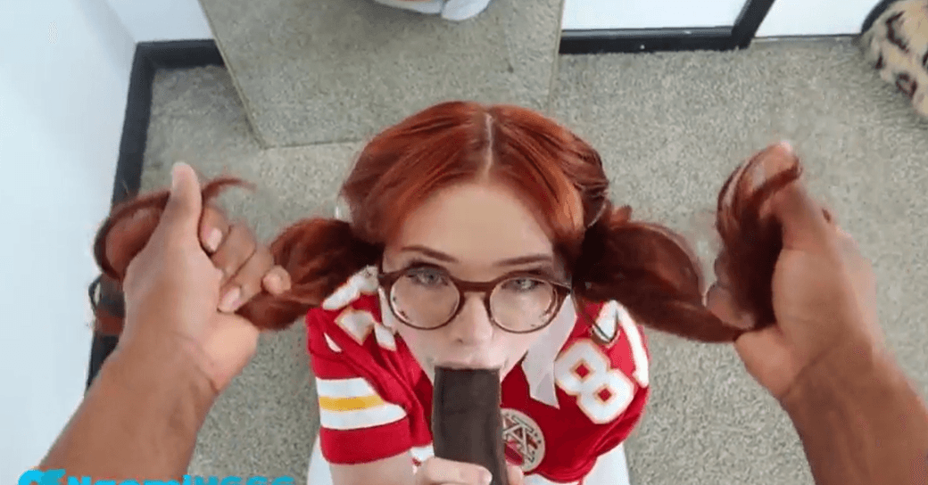 Redhead with pigtails sucking BBC rough