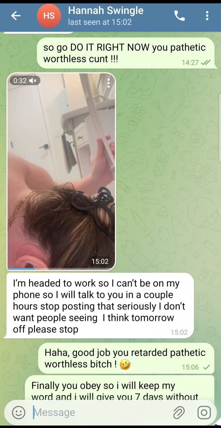 Worthless bitch Hannah Swingle lick toilet on my command ! ?