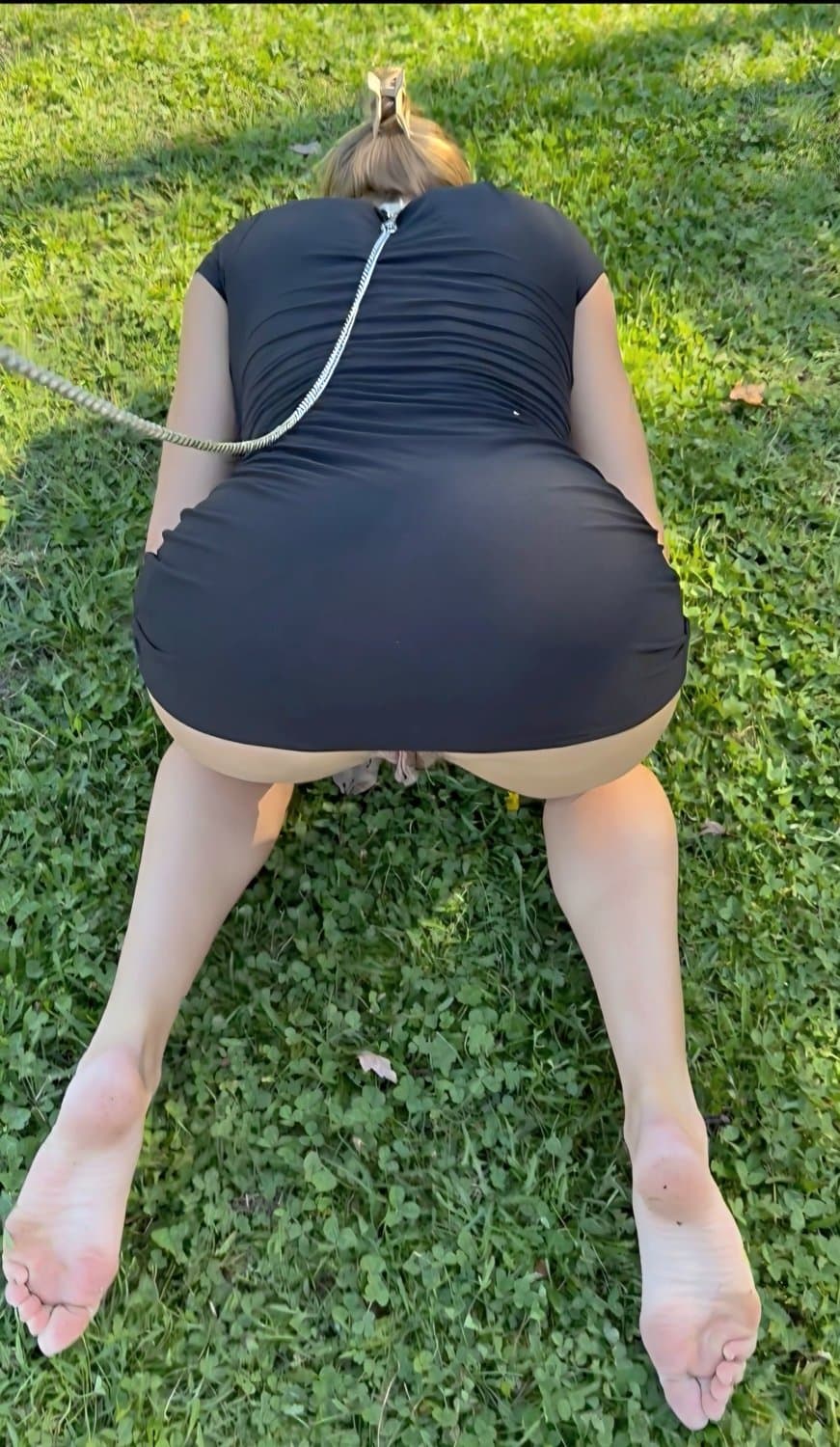 Furry wife being toilet trained outside on a leash