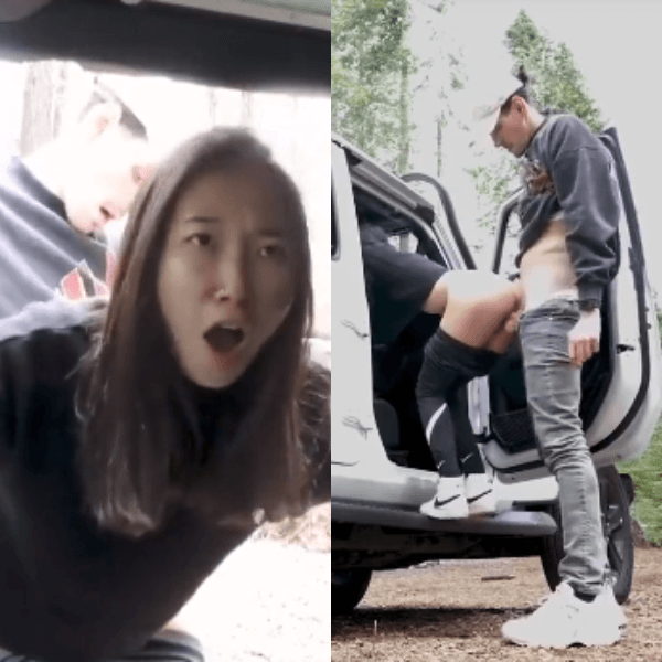 Tiny Petite Asian takes tall white dude BWC at Camping Car Sex