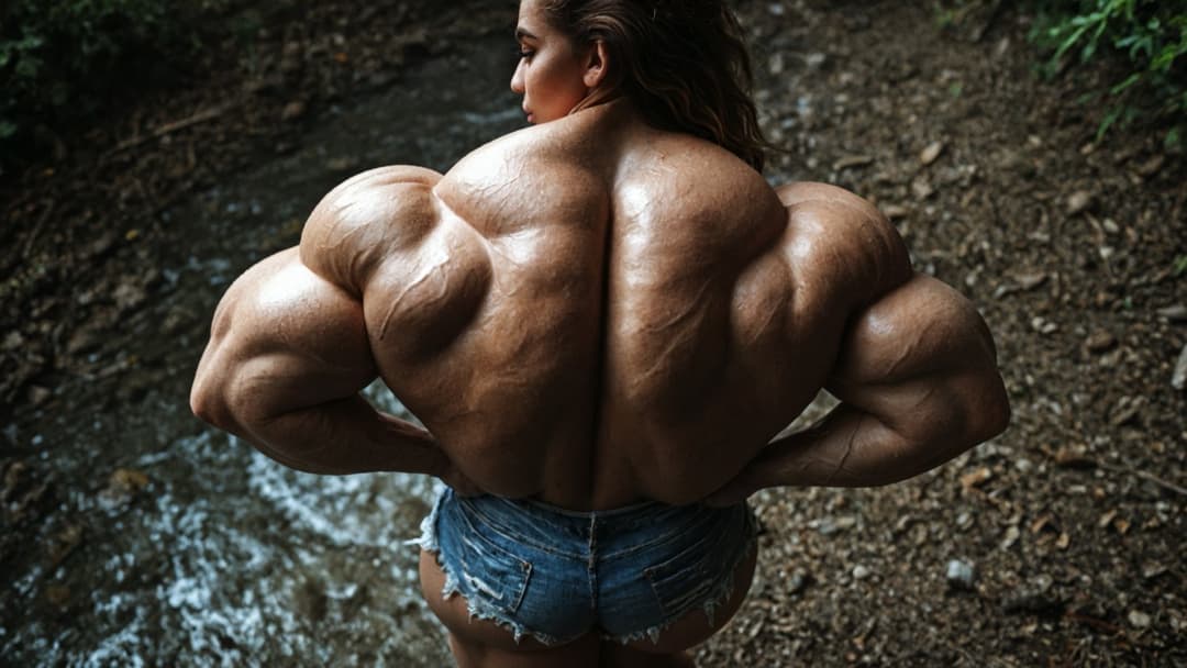 Outrageous bodybuilding nudism, naked hypertrophic muscles in the nature