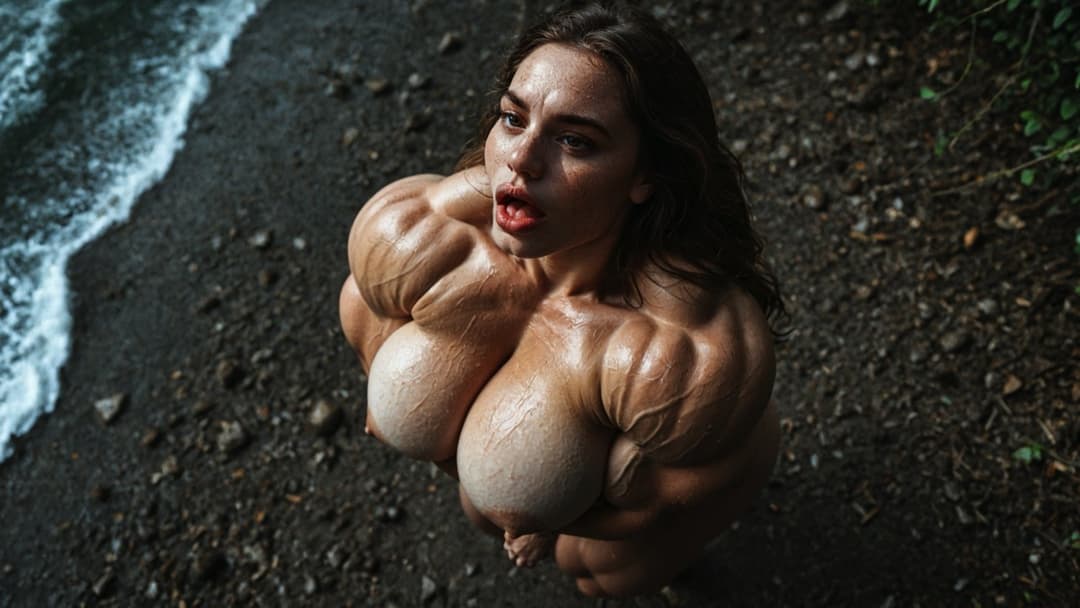 Outrageous bodybuilding nudism, naked hypertrophic muscles in the nature