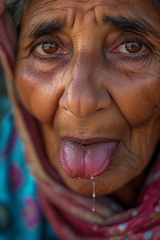 Prompt: Portrait of a 66 year old Iraqi Female/Woman  sticking Her tongue out saliva drippy from her