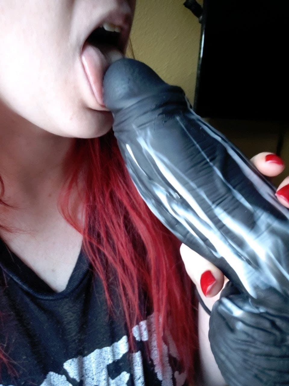 Thicc busty pawg Redhead taking massive bad Dragon dildo on her holes as she spread them