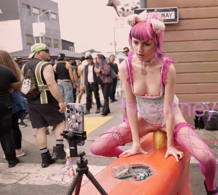 Freaky White Anime Girl Rides Dildo At Public Rally