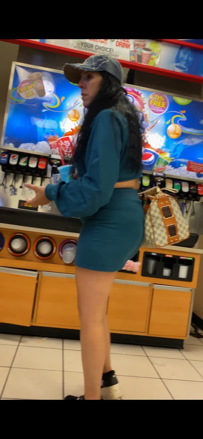 Blue Skirt Bend Over Store Candid