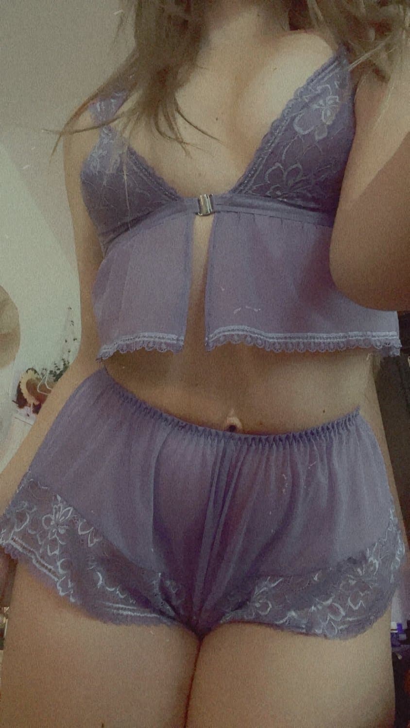 sexy bombshell in sheer purple lace lingerie curves & close-ups