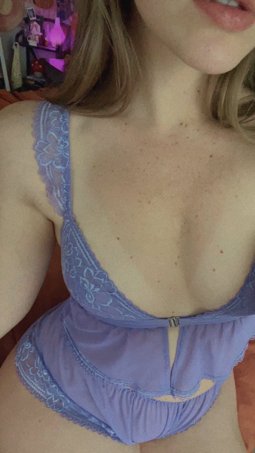 sexy bombshell in sheer purple lace lingerie curves & close-ups