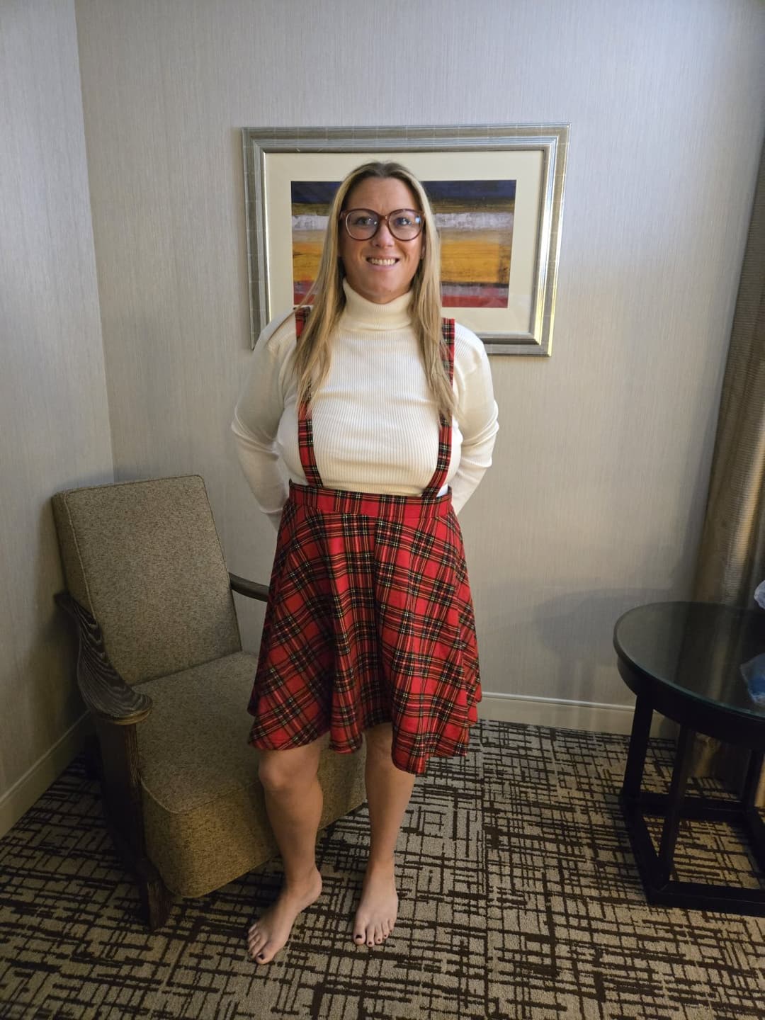 Married neighbor in plaid skirt