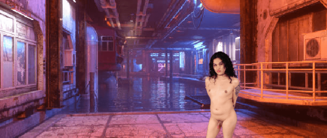Latina TS Alisia Rae In Cyberpunk City Urban Scene Around Canal At Night