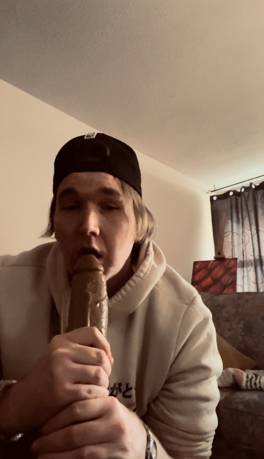 slutty white femboy chokes on huge BBC dildo