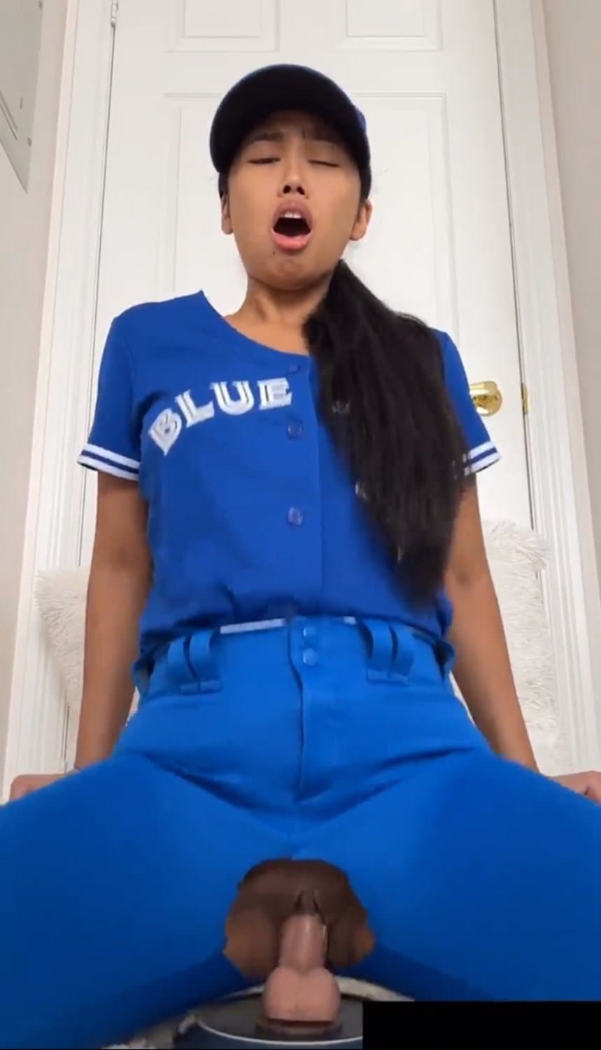 Asian baseball hottie rips tights to ride dildo