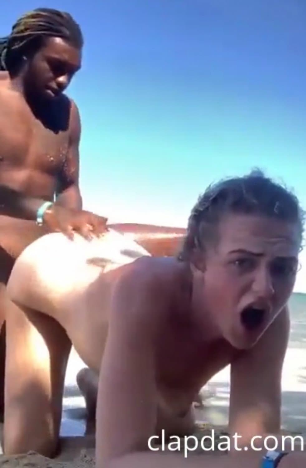 Thick white gf getting nailed with black dick on the vacation beach.