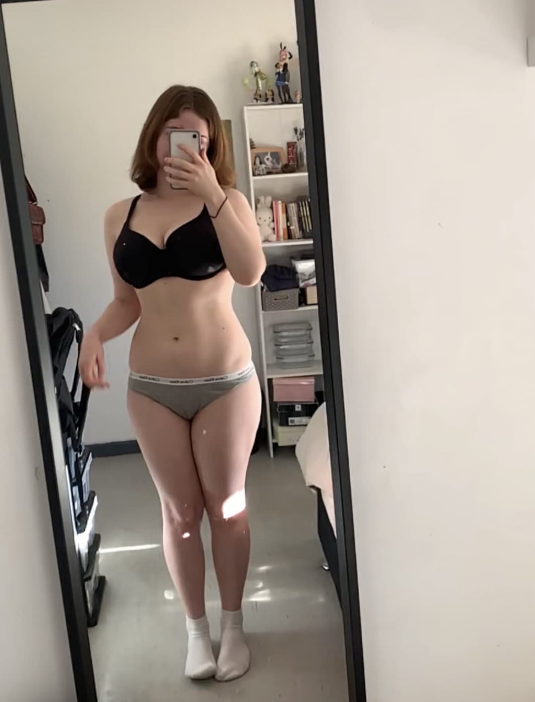 Sexy fuck buddy whore poses nude in mirror, tell her what you think of her