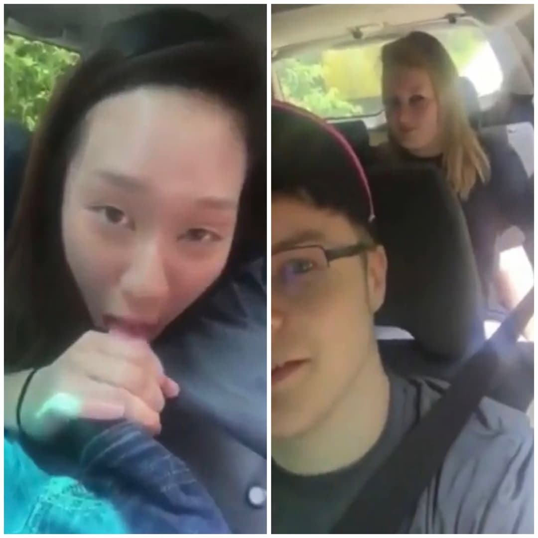 Guy gets a blowjob his the car by his Asian girlfriend while his stepsister watches in the back
