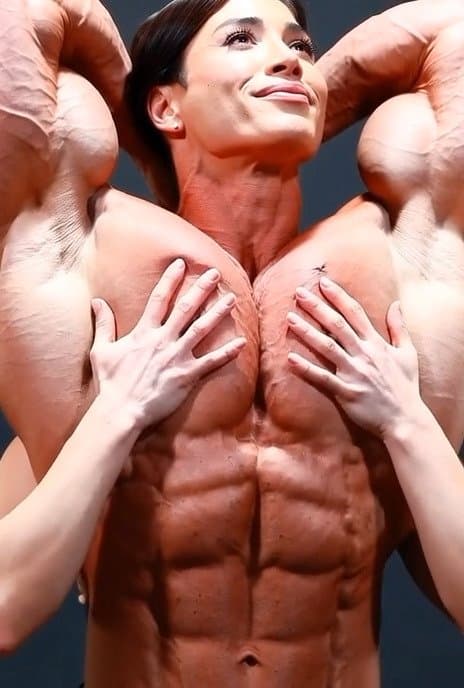 Wild lesbian orgy around her naked roided muscles