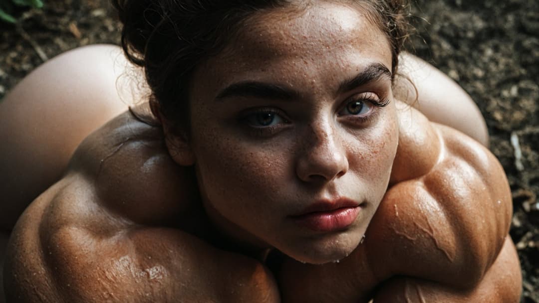 Outrageous bodybuilding nudism, naked hypertrophic muscles in the nature