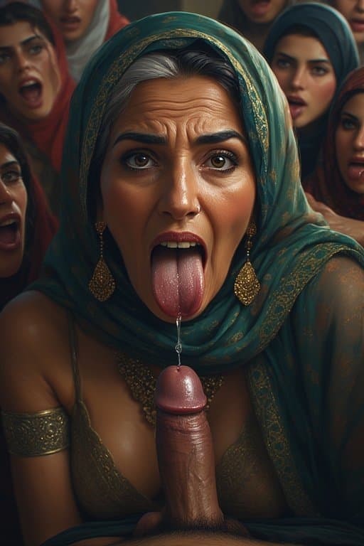 Prompt: Portrait of a 66 year old Iraqi Female/Woman  sticking Her tongue out saliva drippy from her