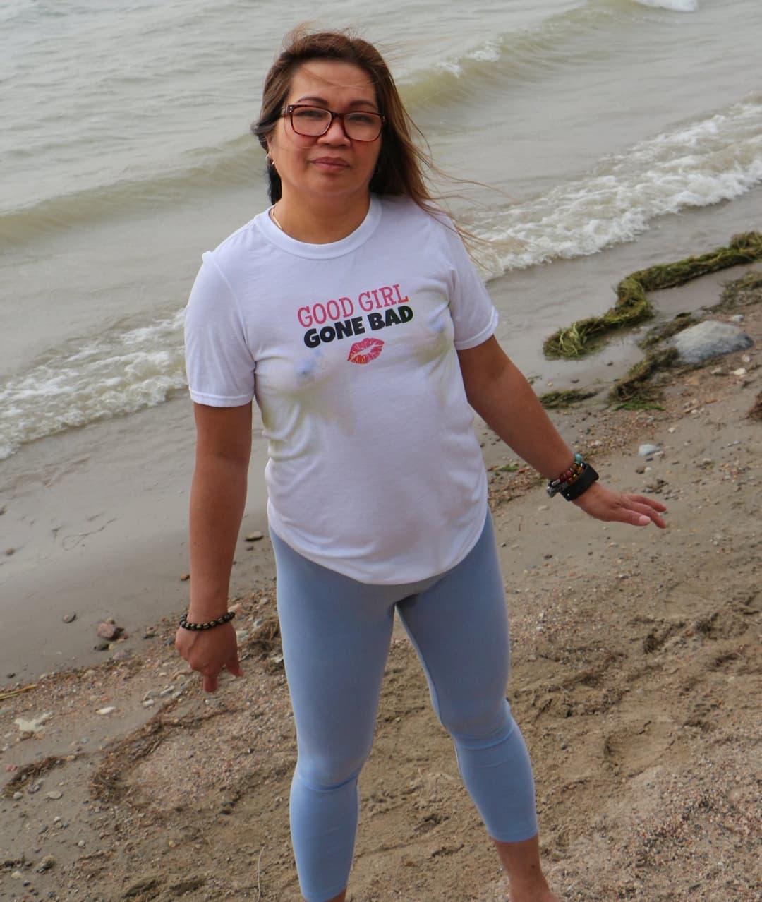 My wife outdoors, braless and cameltoe. She pissed herself. Then I peed all over her white Tshirt!