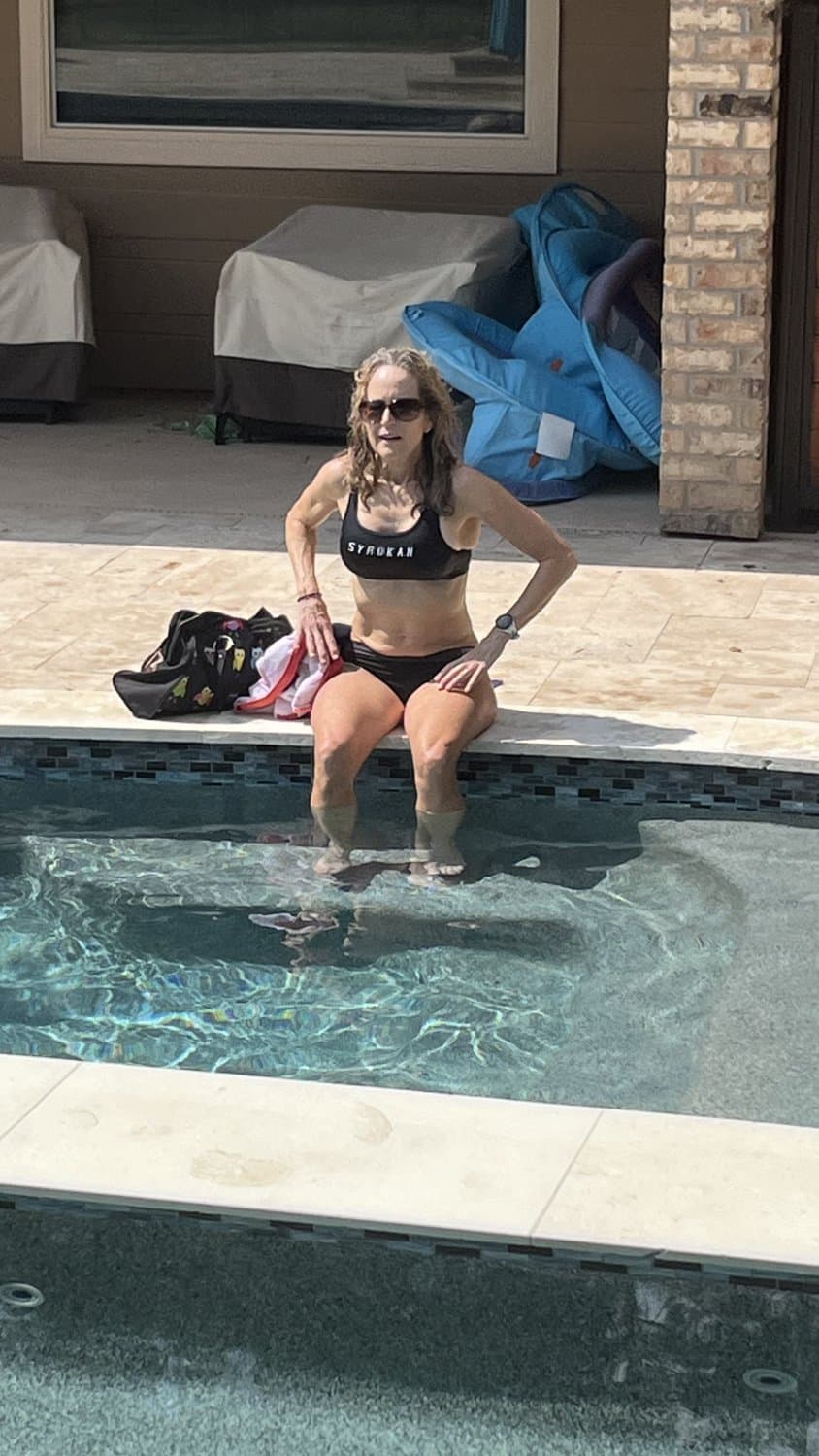 Wife’s hot little friend/GILF takes a dip in the pool after some cycling