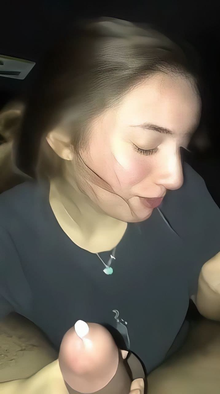 Horny brunette slut enjoys sucking his big cock in the car and sucking with her sister