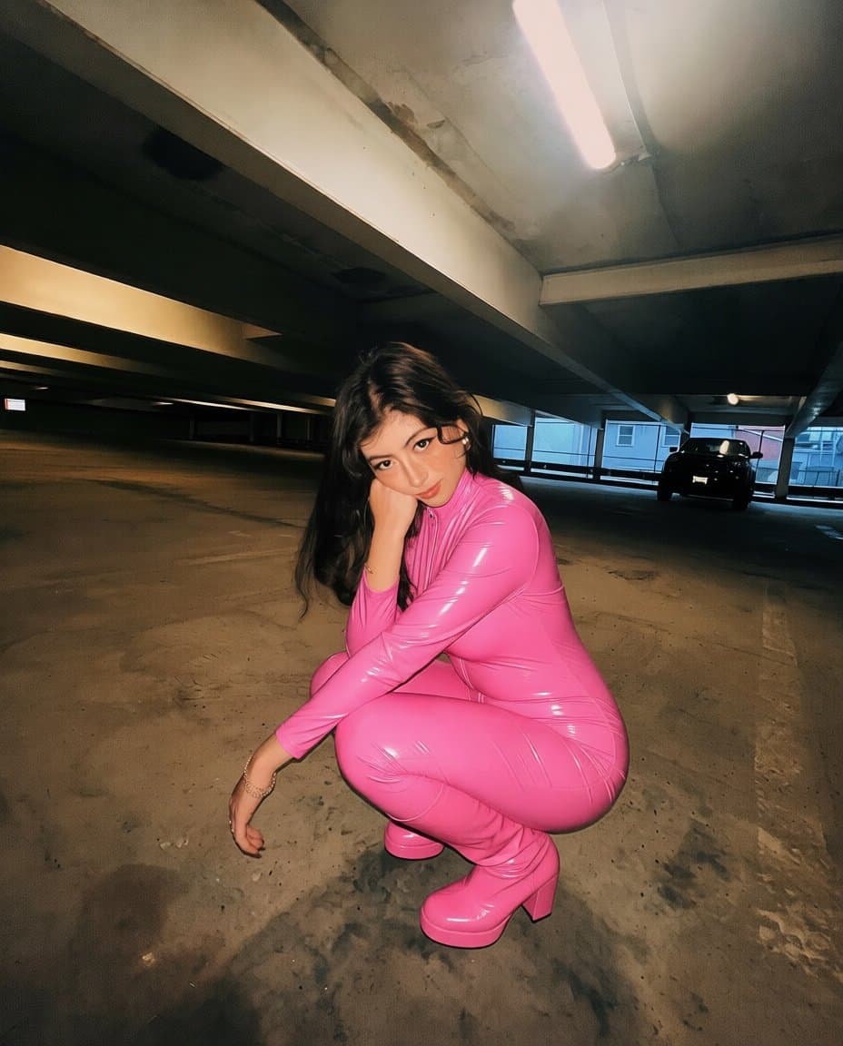 Twitch streamer thewildlatina in a pink vinyl catsuit