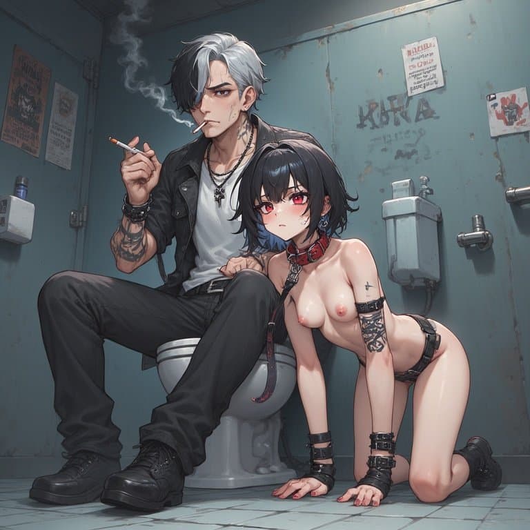 AI Generated Leashed Emo Girl Bathroom Session - Anime