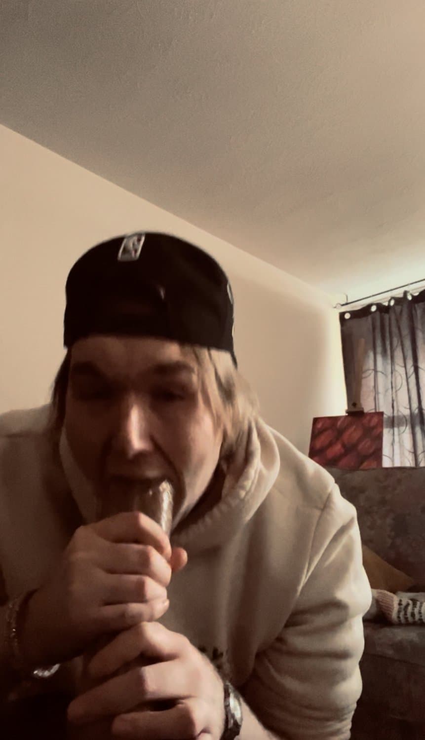 slutty white femboy chokes on huge BBC dildo