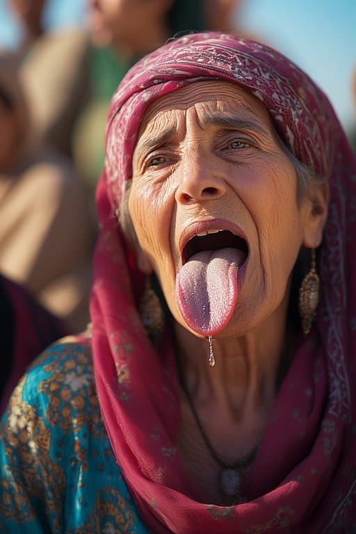 Prompt: Portrait of a 66 year old Iraqi Female/Woman  sticking Her tongue out saliva drippy from her