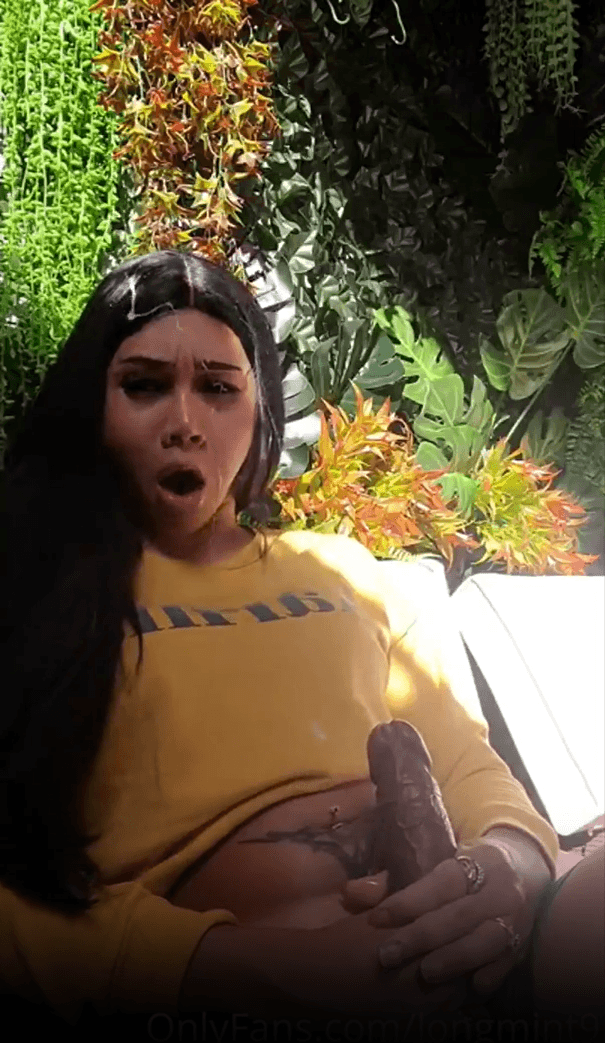 thai ladyboy with monster cock ejaculates a lot of cum on her face