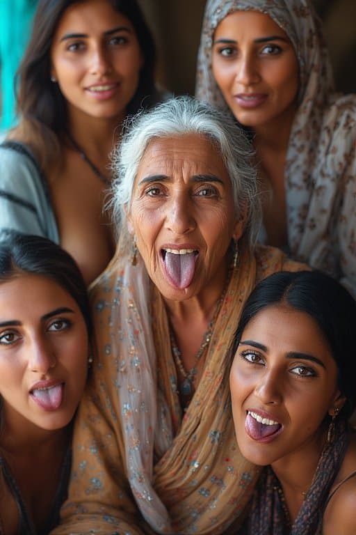 Prompt: Portrait of a 66 year old Iraqi Female/Woman  sticking Her tongue out saliva drippy from her