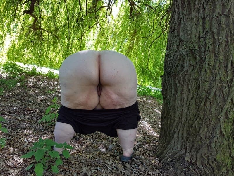 Fatty SSBBW flashes ass and belly in public park