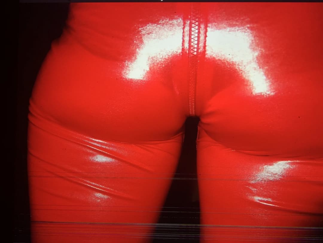 English milf in red pvc cat suit and black high heels  . uk milf in  Black lace panties pussy play