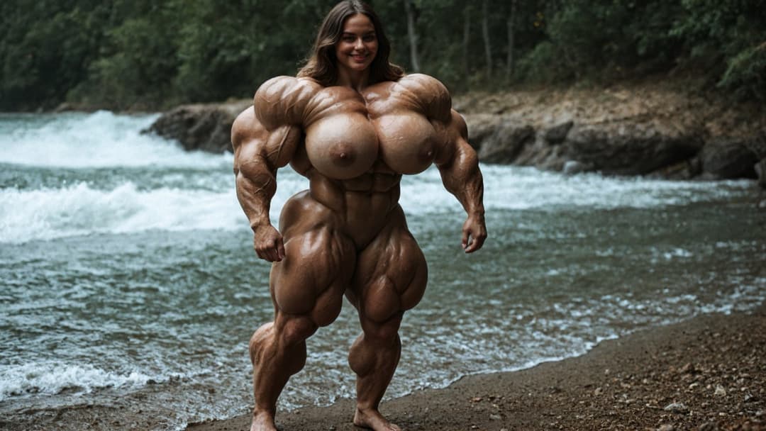 Outrageous bodybuilding nudism, naked hypertrophic muscles in the nature