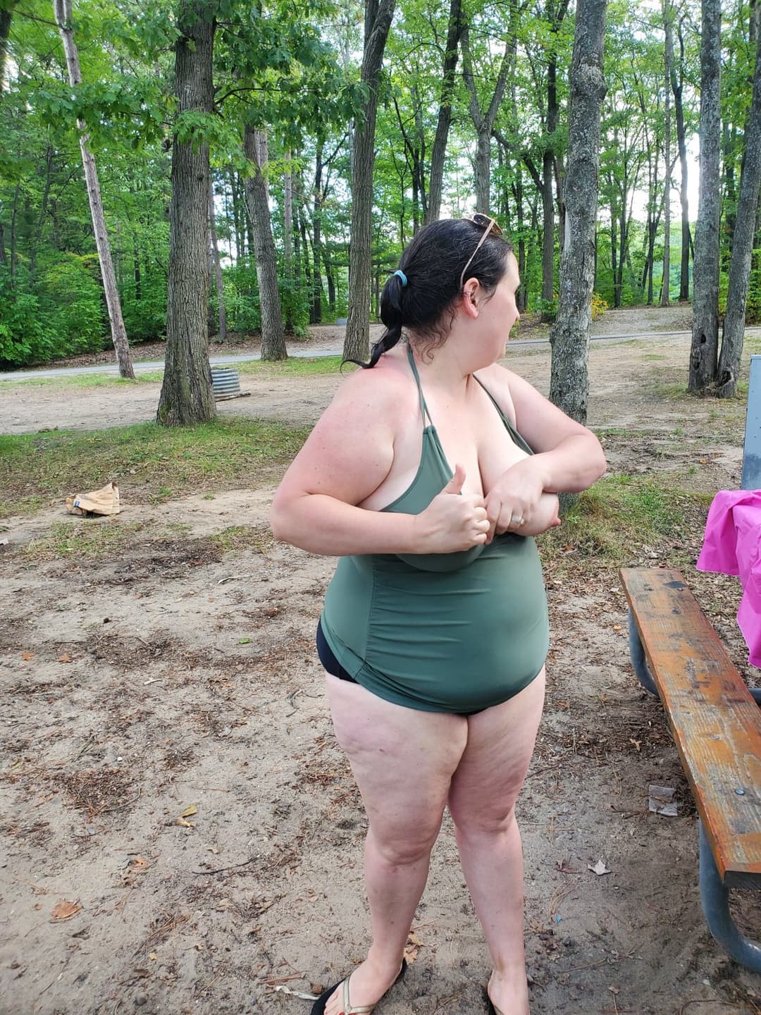 Click to view full size Camping MILF wife flashing