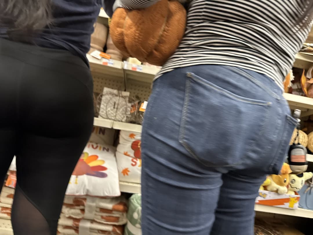 Mother in blue jeans  & Daughter in black tights.