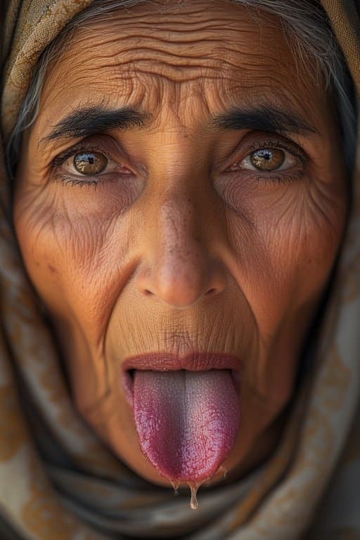 Prompt: Portrait of a 66 year old Iraqi Female/Woman  sticking Her tongue out saliva drippy from her