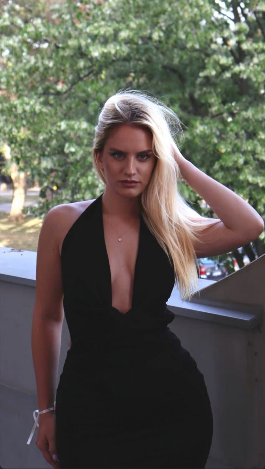 Sexy blonde irl showing off her amazing body in a black dress