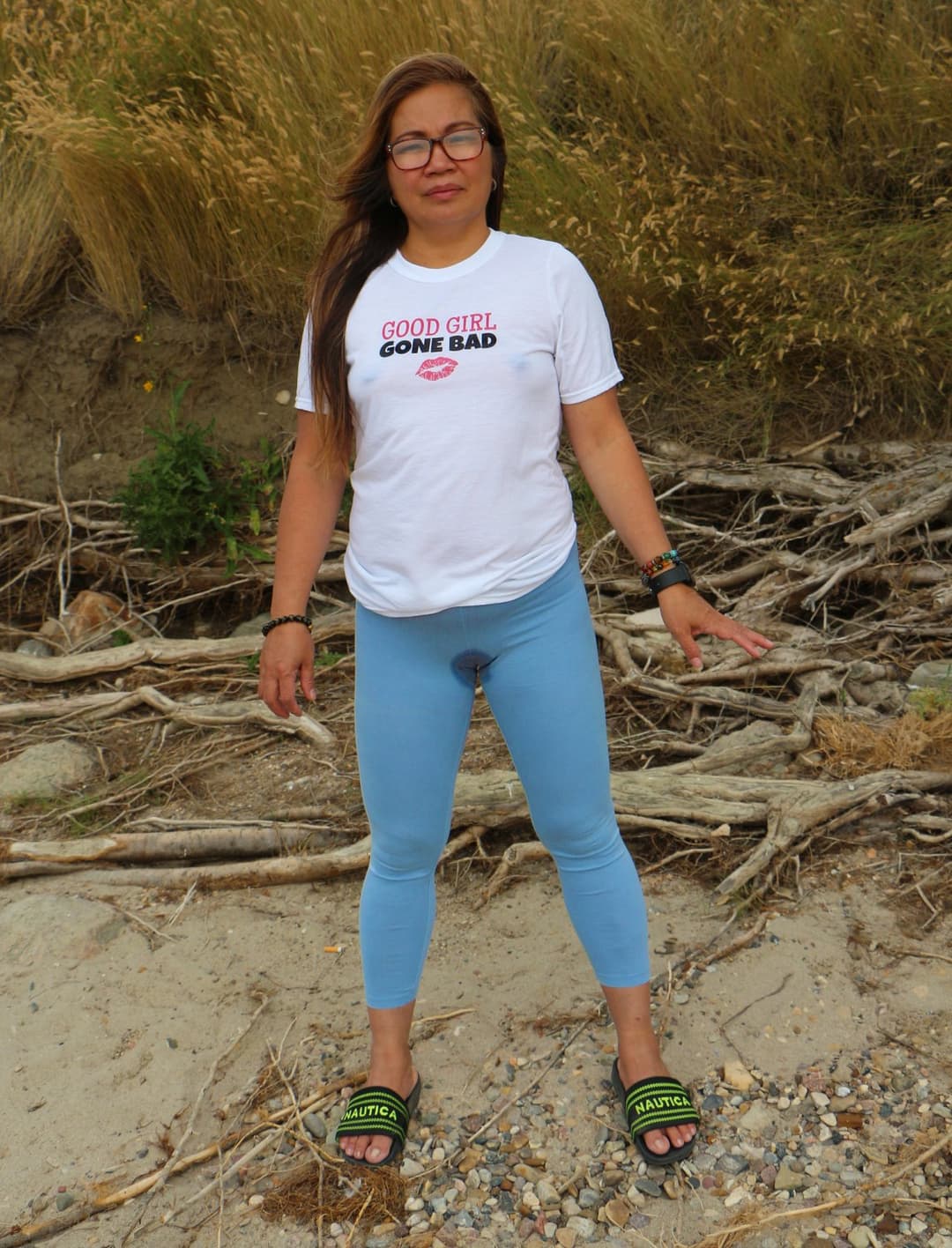 My wife outdoors, braless and cameltoe. She pissed herself. Then I peed all over her white Tshirt!