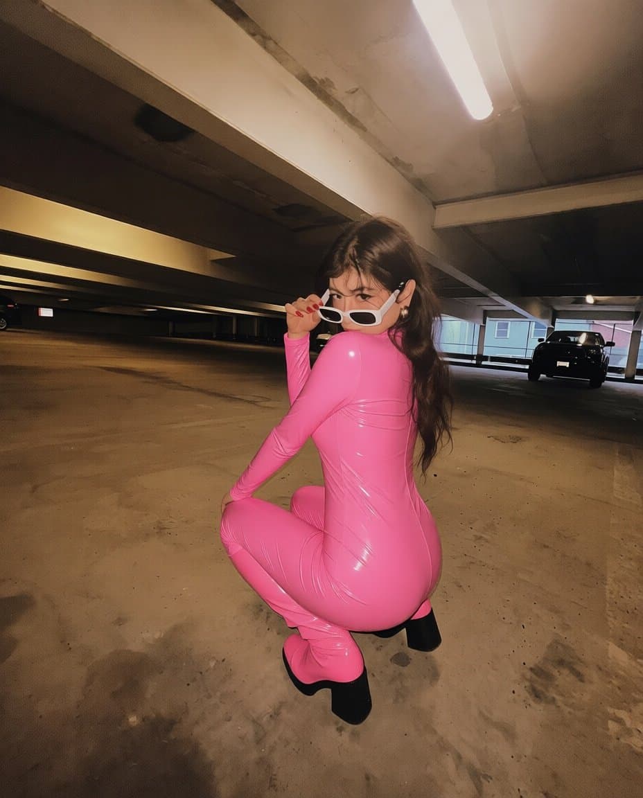 Twitch streamer thewildlatina in a pink vinyl catsuit