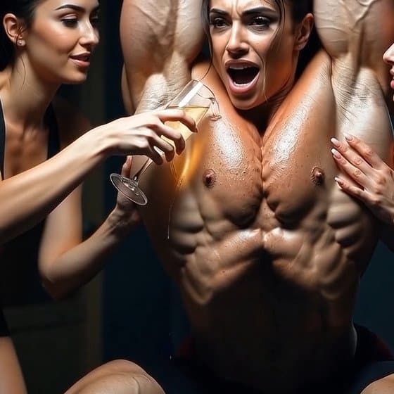 Lesbian champagne bodybuilding shower, pleasures of naked muscle worship