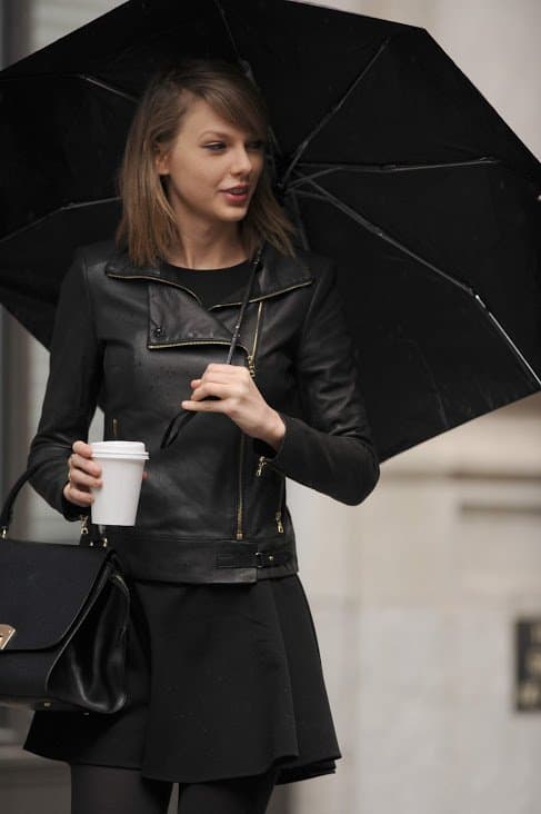 Taylor Swift tight black leather jacket outfit