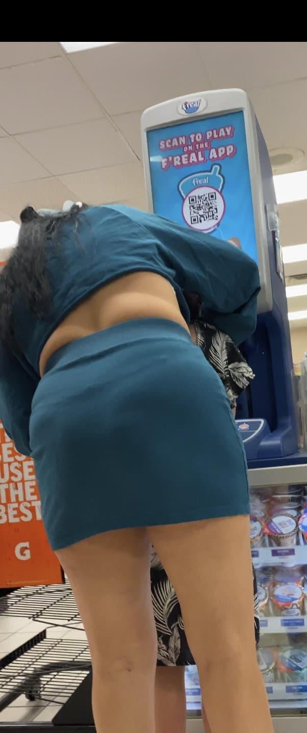 Blue Skirt Bend Over Store Candid