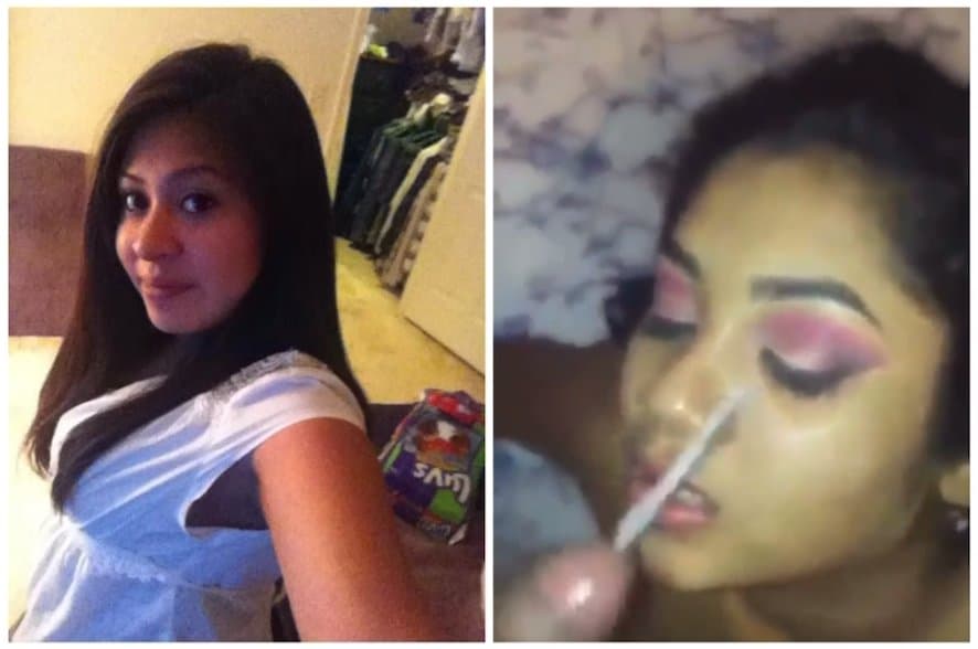 Click to view full size College guy nuts on my wife’s face and she had just finished her makeup for our date